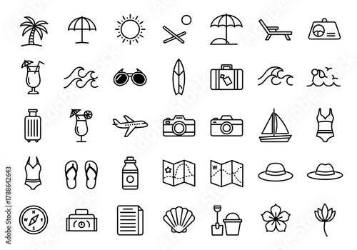 Summer vacation and beach travel essentials thin line icon set. A collection of tourism and holiday symbols like sun, airplane, and luggage