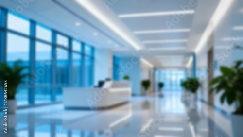 Peaceful blurred hospital corridor with gentle lighting, medical equipment, and clean white tones symbolizing health care, innovation, safety, hygiene, patient recovery in modern clinical environment