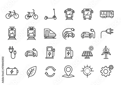 Collection of thin line icons representing sustainable transport and renewable green energy concepts, including electric vehicles and eco symbols