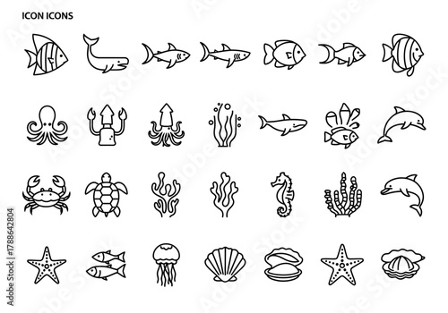 Collection of sea life line icons with various aquatic animals. Set includes fish, whale, shark, octopus, turtle, and dolphin symbols for web and mobile design