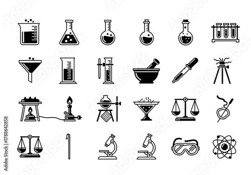 Monochrome glyph icon set featuring various chemical lab instruments and equipment for scientific experiments and research