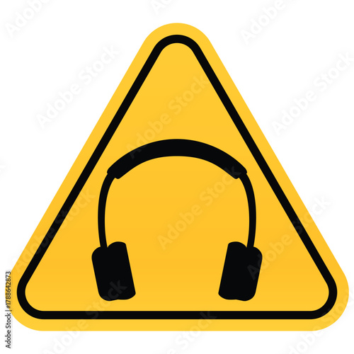 Headphones warning sign yellow triangle with black symbol vector illustration for workplace safety and noise protection