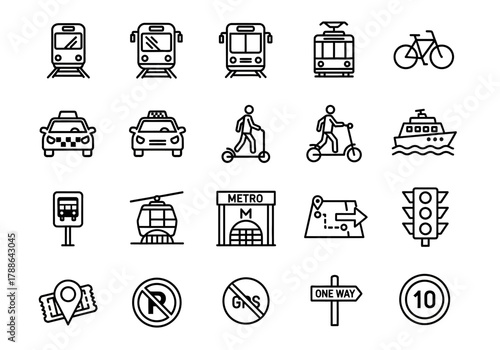 A set of thin line icons for urban mobility and public transport, featuring vehicles like trains, buses, taxis, and scooters alongside navigation and traffic signs
