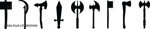 Weapon Icon Set, Axe, Knife, Scissor, Cleaver, Dagger, and Sword Symbol Collection and Group, Sharp Tool, Blade, and Cutting Equipment Vector in Black Color Flat Style
