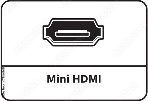 a black and white illustration of a mini hdmi port with text label below on transparent background silhouette high quality professional detailed modern elegant stylish clean