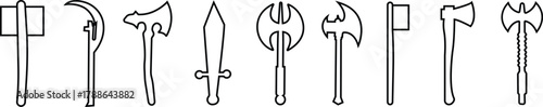 Weapon Icon Set, Axe, Knife, Scissor, Cleaver, Dagger, and Sword Symbol Collection and Group, Sharp Tool, Blade, and Cutting Equipment Vector in Black Color Line Style