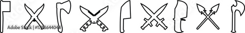 Weapon Icon Set, Axe, Knife, Scissor, Cleaver, Dagger, and Sword Symbol Collection and Group, Sharp Tool, Blade, and Cutting Equipment Vector in Black Color Line Style