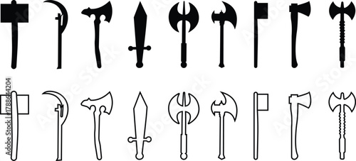 Weapon Icon Set, Axe, Knife, Scissor, Cleaver, Dagger, and Sword Symbol Collection and Group, Sharp Tool, Blade, and Cutting Equipment Vector in Black Color Flat and Line Style