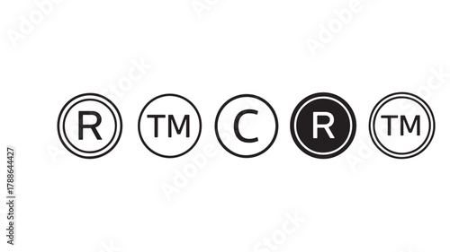 a set of five circular trademark symbols including registered and trademark indicators presented in a monochrome style on transparent background silhouette high quality professional detailed modern