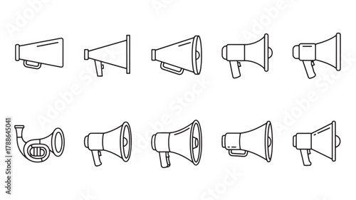 a collection of various black line art megaphone illustrations arranged in a row with different perspectives on transparent background silhouette high quality professional detailed modern elegant