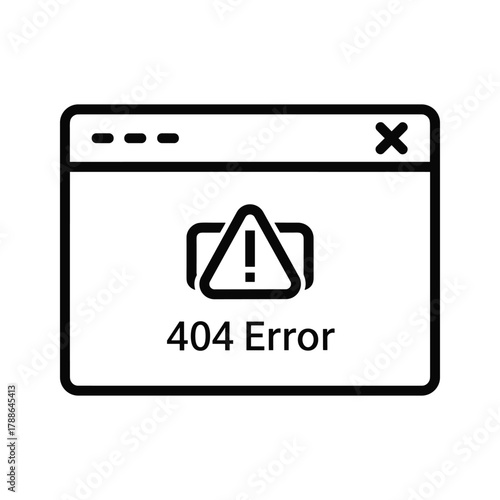 404 error page not found icon, computer screen with warning symbol and text