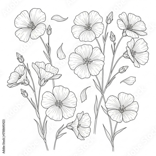 Flax flowers and petals silhouette isolated on white background