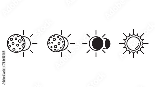 a series of four black circular icons depicting phases of the sun and moon with radiating lines on transparent background silhouette high quality professional detailed modern