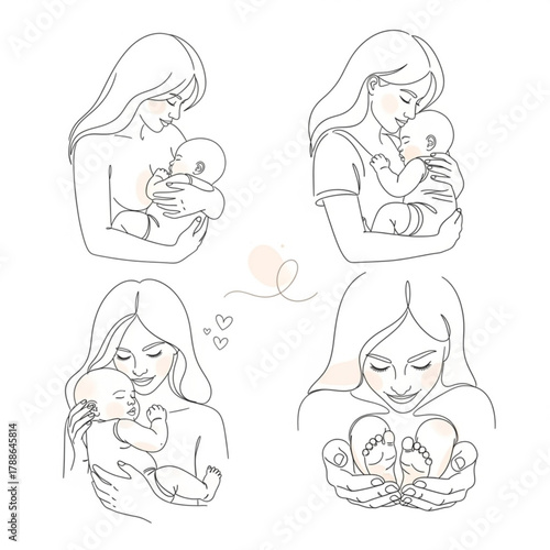 Mother and baby line art silhouette isolated on white background