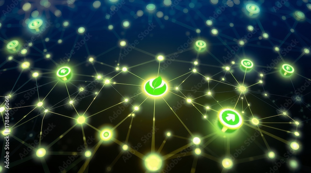 Fototapeta premium Green leaf icon in abstract network connection for eco technology concept