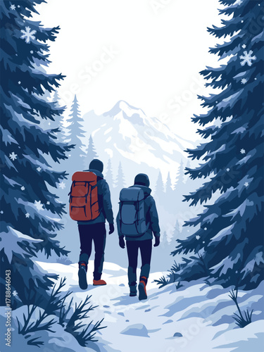 Group trekking in winter forest landscape with snow and pine trees