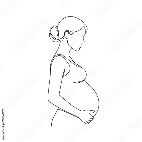 Pregnant woman silhouette holding belly one line drawing isolated on white background