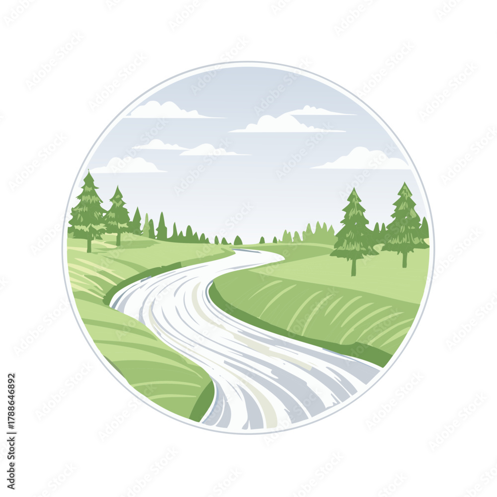 Obraz premium Winding River Through Verdant Hills and Pine Trees Under Cloudy Sky