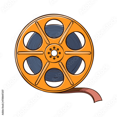 Vintage film reel with orange spokes and blue film spool, a classic movie symbol