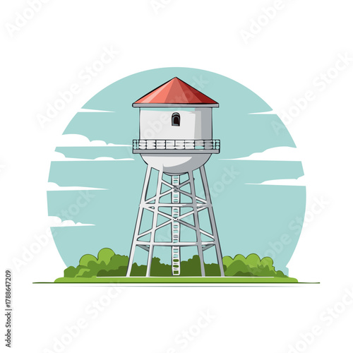 Illustration of a tall white water tower with a red roof and a small window against a cloudy blue sky