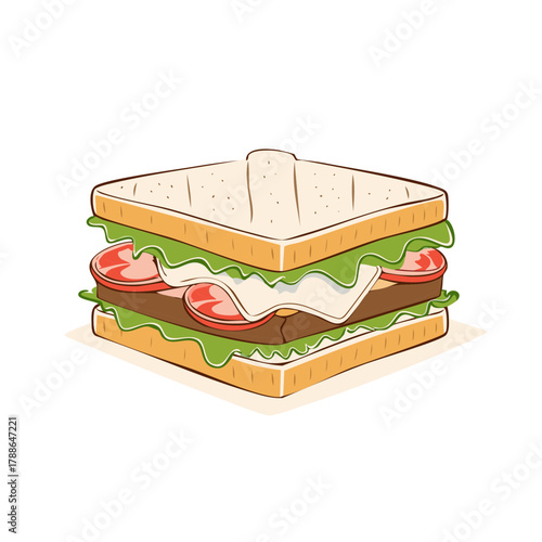 Appetizing cartoon illustration of a stacked fresh sandwich with toast bread lettuce tomato and protein
