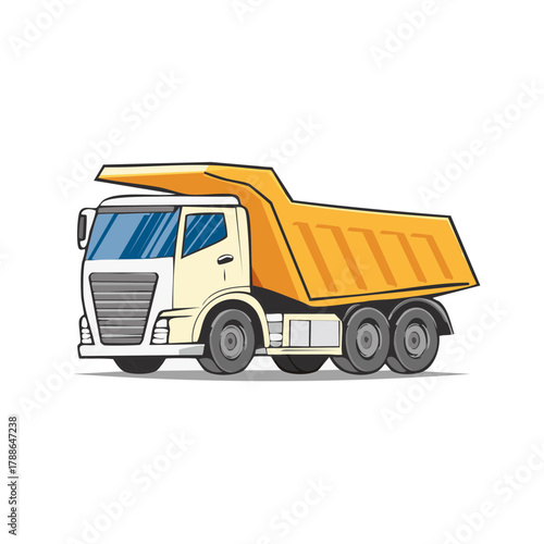 Cartoon dump truck with yellow bed and cream cab with six wheels