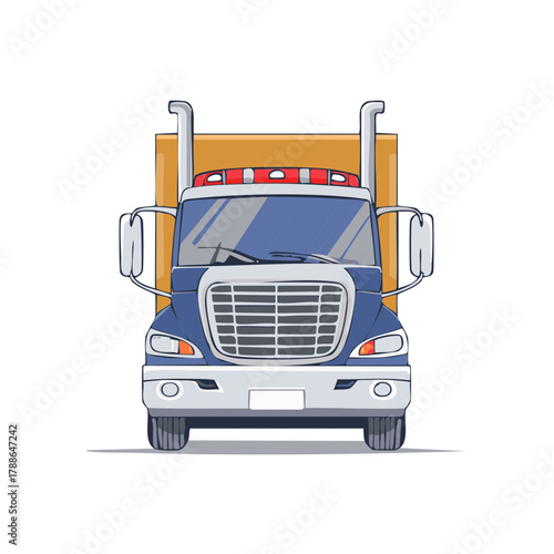 Front view illustration of a blue semi truck with a large cargo trailer and chrome exhaust pipes