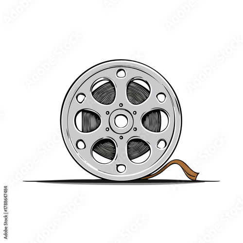 Classic movie film reel with brown filmstrip unwinding vector illustration