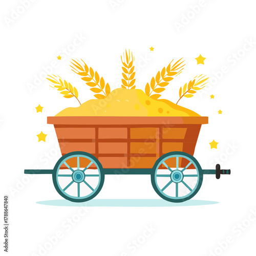 Harvest cart filled with golden wheat stalks and grain under starry sky