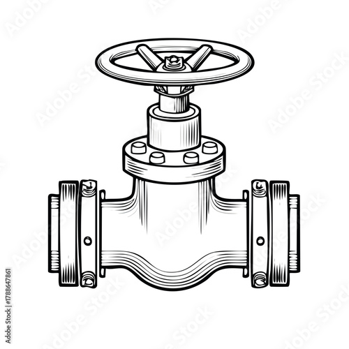 Black and white line art illustration of an industrial globe valve with a handwheel control