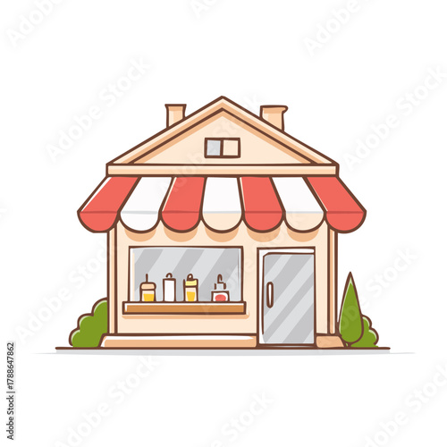 Charming cartoon storefront with awnings and display window