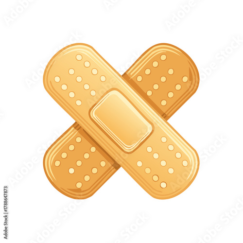 Two crossed adhesive bandages, a symbol for healing, first aid, and minor injuries