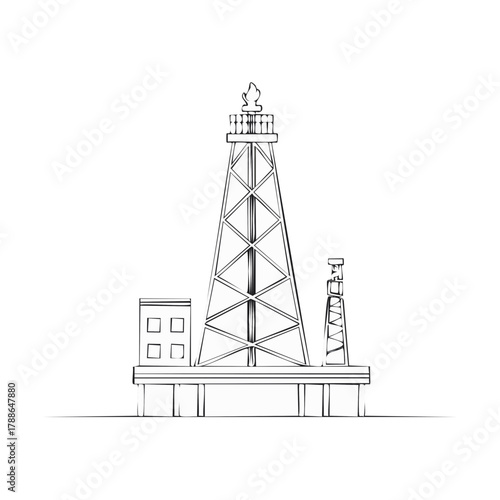 Offshore oil rig platform derrick flare stack outline drawing energy industry