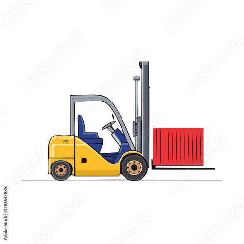 Yellow forklift truck lifting a red shipping container with a simple flat design illustration