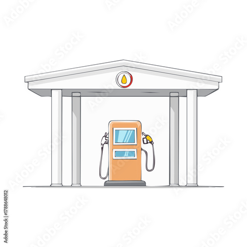 Cartoon gas station with fuel pump and canopy