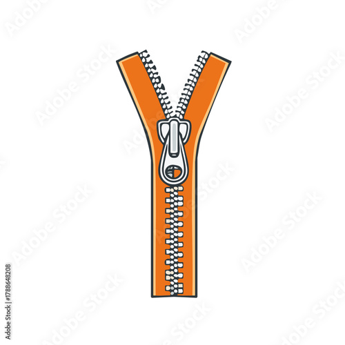 Opened Bright Orange Zipper with Metal Slider and Teeth