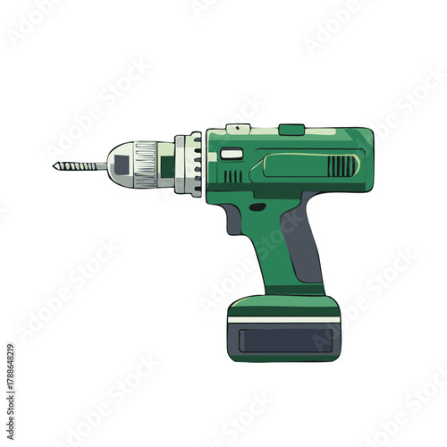 Green Cordless Power Drill with Screw and Battery Pack
