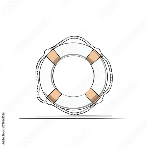 White and beige life preserver with rope, essential marine safety equipment illustration