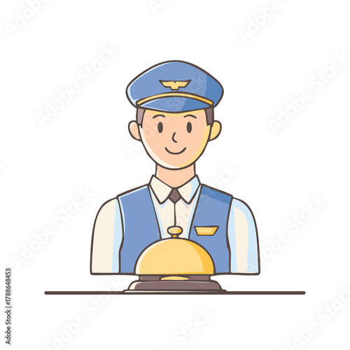 Friendly hotel staff member in uniform with service bell illustration.