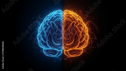 Glowing human brain with two hemispheres, blue and orange, on dark background
