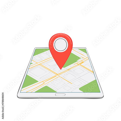 Red map pointer pin marking a specific location on a digital tablet showing a street map for navigation