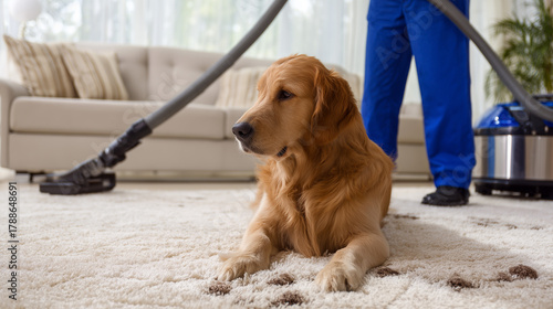 Golden retriever dog lying on carpet during cleaning