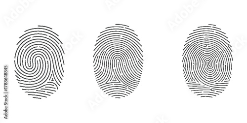 Three unique human fingerprints for biometric identification concept isolated on white background
