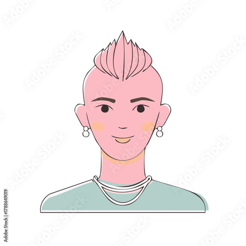 Stylized illustration of a person with a pink mohawk hairstyle and hoop earrings