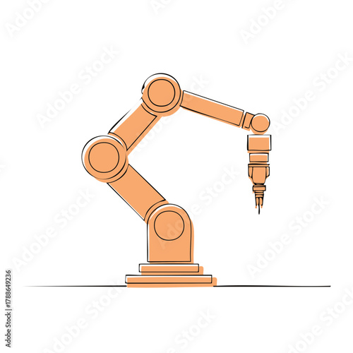 Orange robotic arm with articulated joints and a gripper attachment