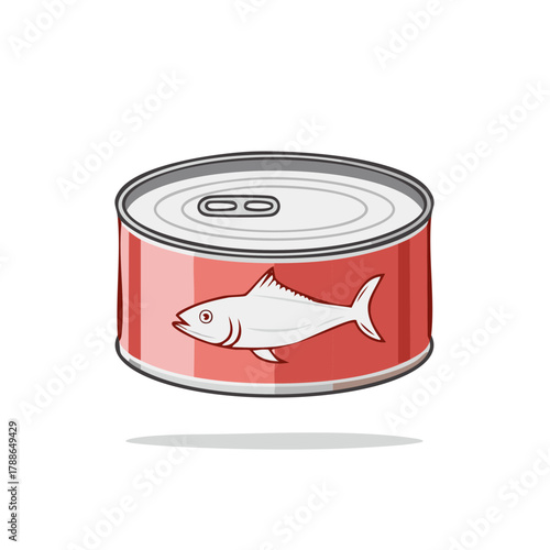 Cartoon red tin can with fish label. Canned seafood product illustration.