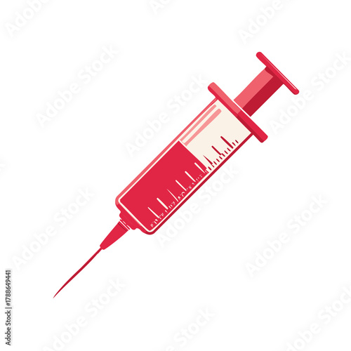 Medical syringe filled with red liquid and needle
