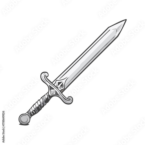 Ornate medieval sword illustration with detailed hilt and sharp blade