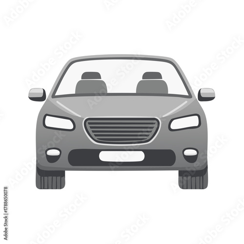 Front view of a sleek gray convertible sedan with modern headlights and grille, presented in a clean graphic style.