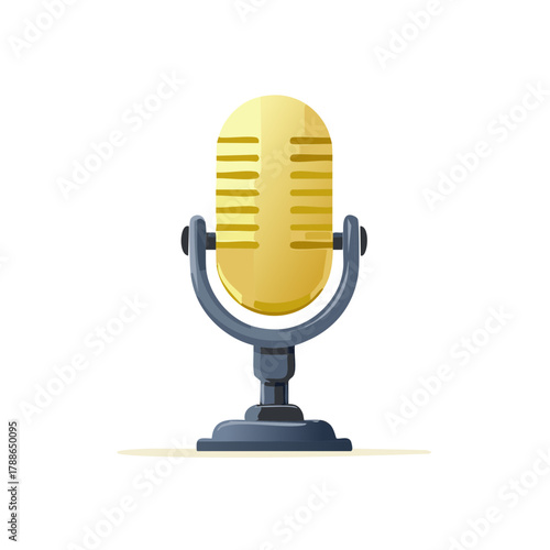 Retro golden studio microphone illustration for vocal performance and broadcasting audio recording